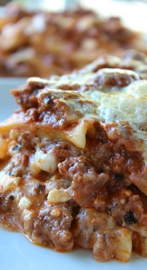 Lasagna on a white plate.
