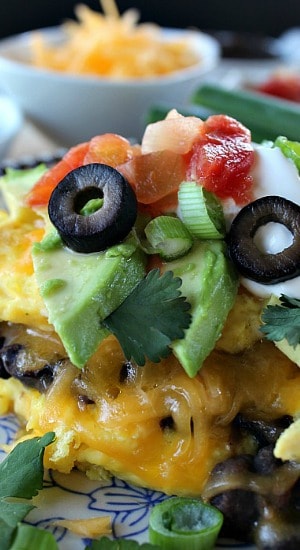 A close up of a serving of a black bean omelette.
