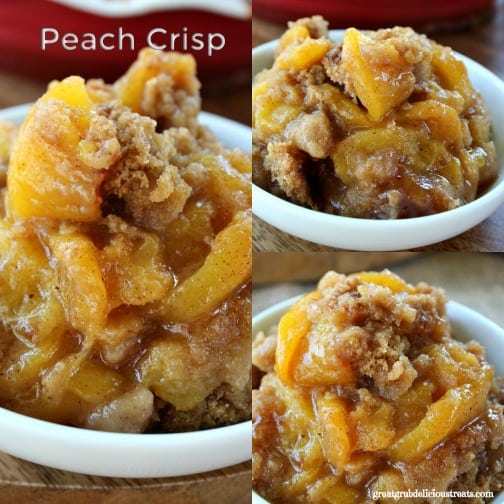 A three photo collage of homemade peach crisp in a white bowl.