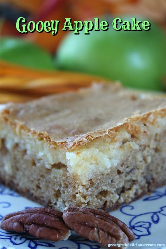A slice of apple cake on a plate.