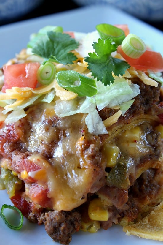 A close up photo of a serving of taco pit casserole.