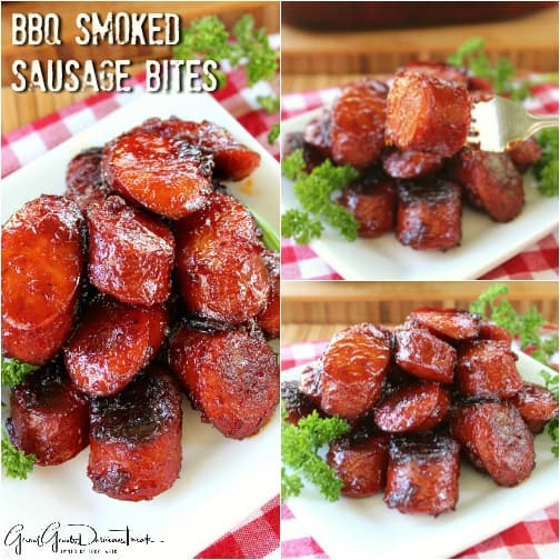 A three photo collage with a white plate and a stack of BBQ smoked sausage bites on it.