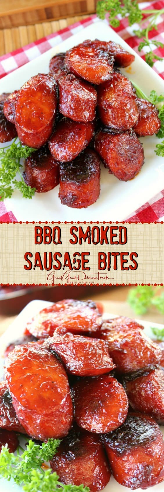 A double collage pin with bite-size smoked sausage bites on it.