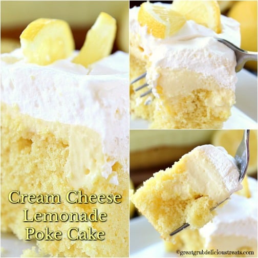 A three collage photo of a lemon cake with cool whip and creamy lemon filling.