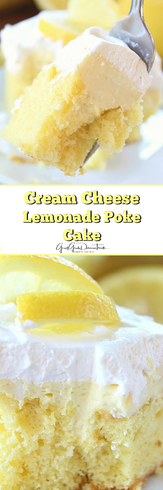 A close up of a serving of lemonade cream cheese poke cake.