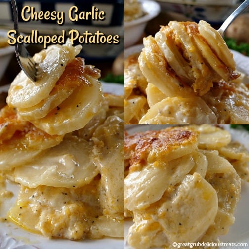 A three collage photo of Cheesy Garlic Scalloped Potatoes.