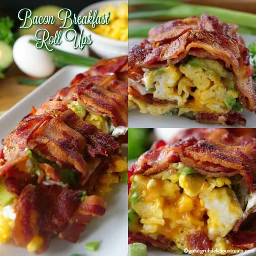 A three photo collage of bacon breakfast roll ups.
