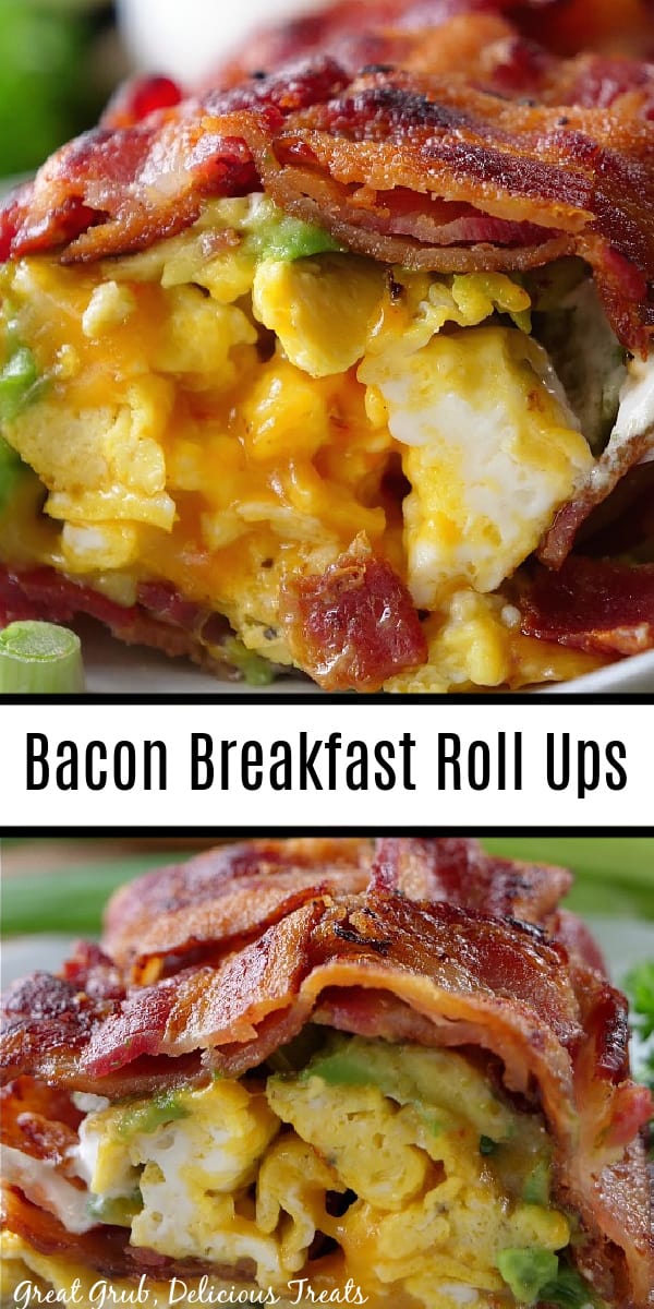 A double collage photo of bacon breakfast roll up.