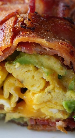 A close up of a Bacon Breakfast Roll Up.