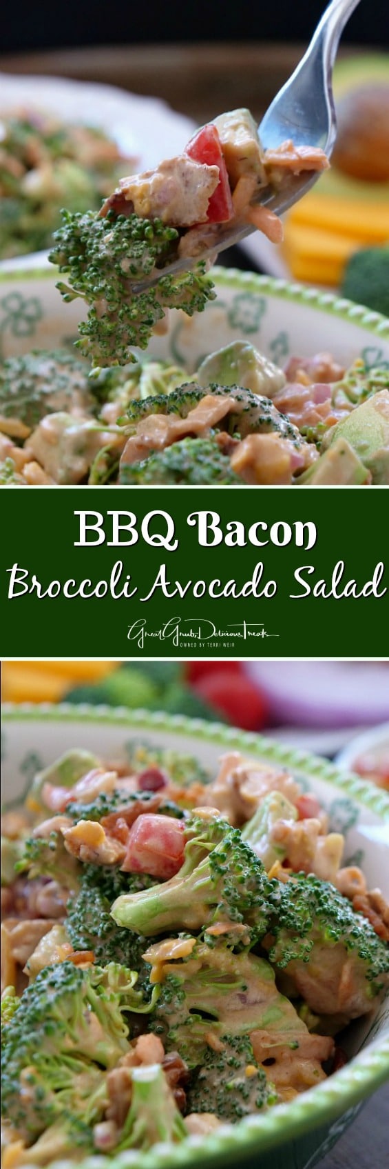 A double collage photo of BBQ Bacon Broccoli Avocado Salad.
