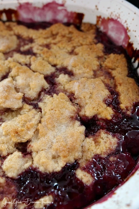 A close up  of Cherry Cobbler after being pulled from the oven.