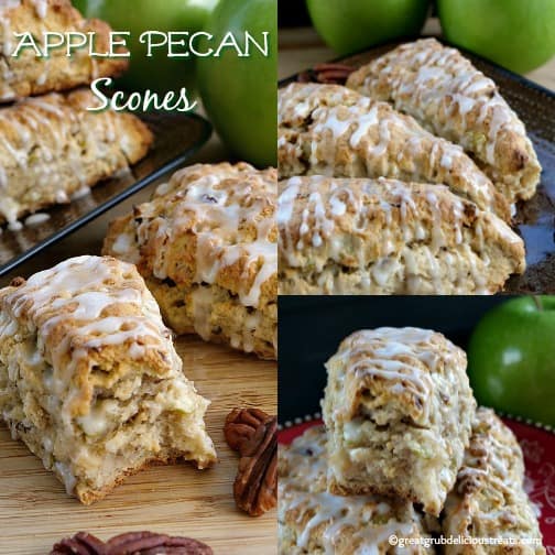 A collage of 3 pictures of apple pecan scones with green apples and pecans in the background.