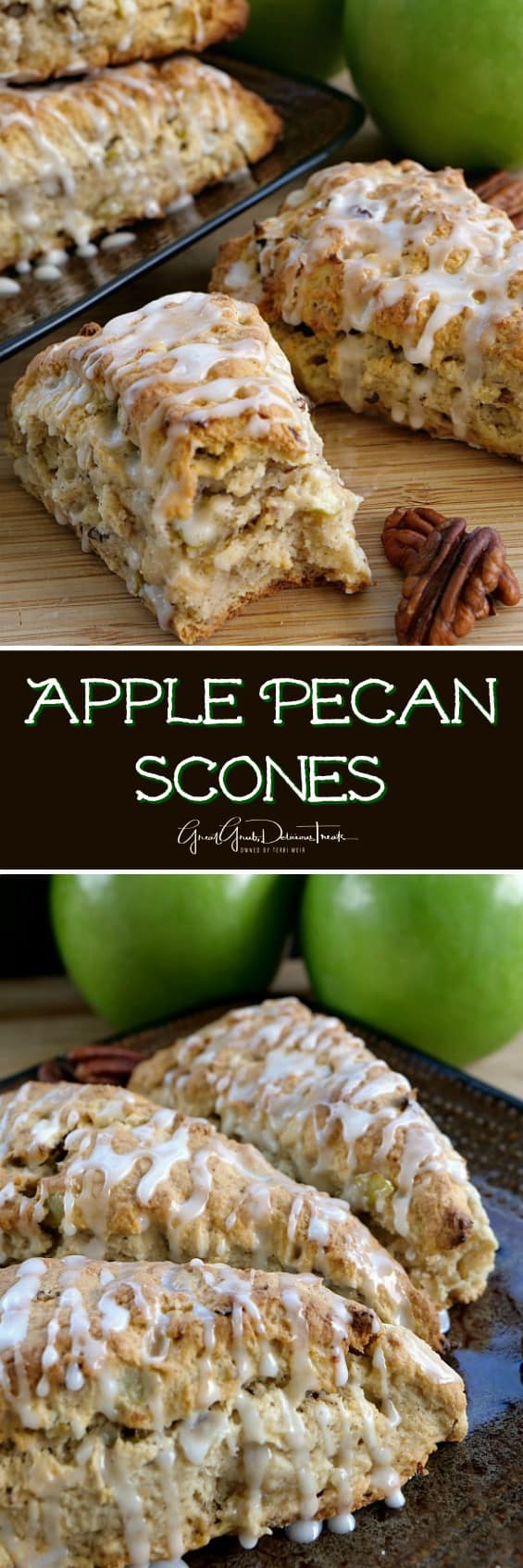 A double photo with the title apple pecan scones in the middle between the two pictures of apple scones. 