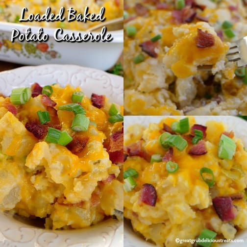 Loaded Baked Potato Casserole - a collage of 3 pictures all showing a white bowl filled with loaded potato casserole.
