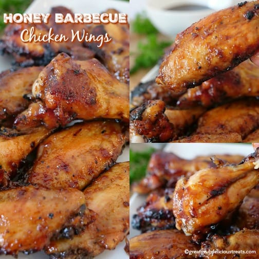 Honey Barbecue Chicken Wings are baked wings that are smothered in a delicious honey barbecue sauce. #chickenwings #honeybbqwings #appetizers #barbecuewings #greatgrubdelicioustreats