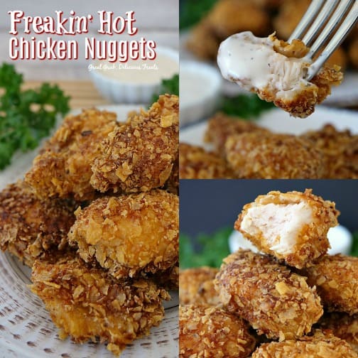 Freakin' Hot Chicken Nuggets are delicious and spicy! Coated in spicy, crushed corn tortilla chips, then fried. Super delish. #spicy #chicken #nuggets #appetizers #chickenfoodrecipes   #greatgrubdelicioustreats