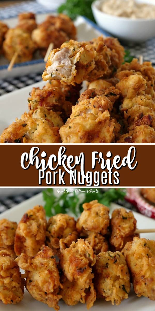 Chicken Fried Pork Nuggets are comfort food at it's best. Crispy, seasoned with the perfect blend of spices and then fried to perfection. #pork #dinner #comfortfood #appetizers #yummy #greatgrubdelicioustreats