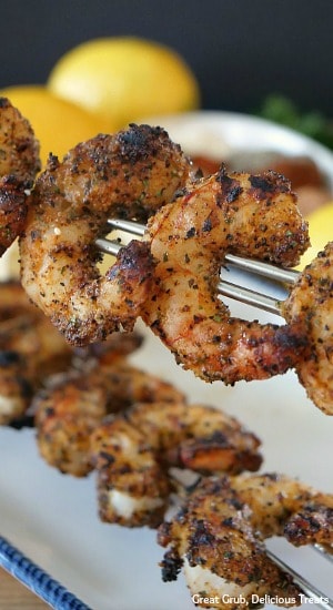 This Grilled Cajun Lemon Shrimp recipe is a delicious shrimp recipe using Argentine Red Shrimp, seasoned with a Cajun rub and fresh lemon juice, then grilled to perfection. #appetizers #barbecue #cajunrecipes  #shrimp #yummy #greatgrubdelicioustreats