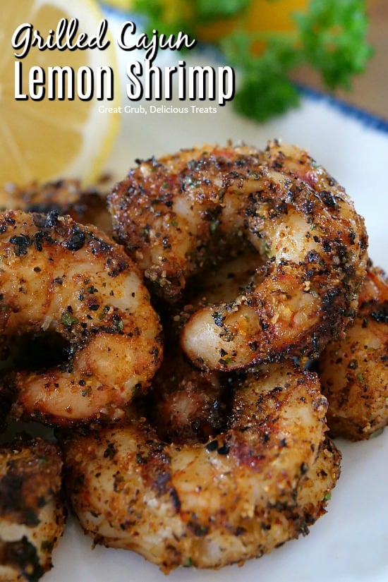 These Grilled Cajun Lemon Shrimp are seasoned with a Cajun flare and drizzled with lemon juice for a delicious grilled shrimp appetizer. #grilled #barbecue #spicy #shrimp #appetizers #greatgrubdelicioustreats