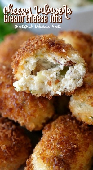 Cheesy Jalapeno Cream Cheese Tots are delicious, loaded with bacon, cream cheese, shredded cheese then fried to perfection. #appetizerrecipes #deliciousrecipes #food #gamedayappetizers #greatgrubdelicioustreats