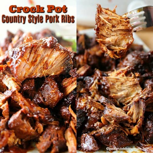 A three photo collage of pork ribs that were made in the crock pot.
