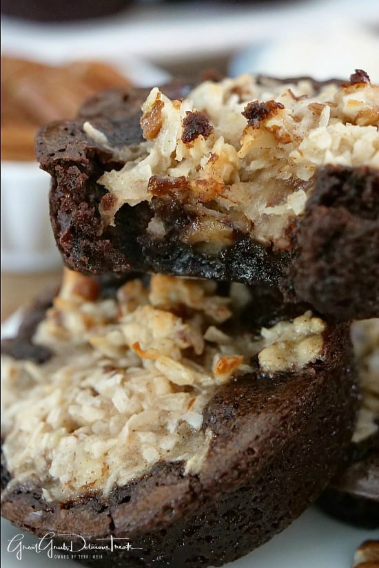 These brownies are chewy, thick and topped with a coconut pecan topping.