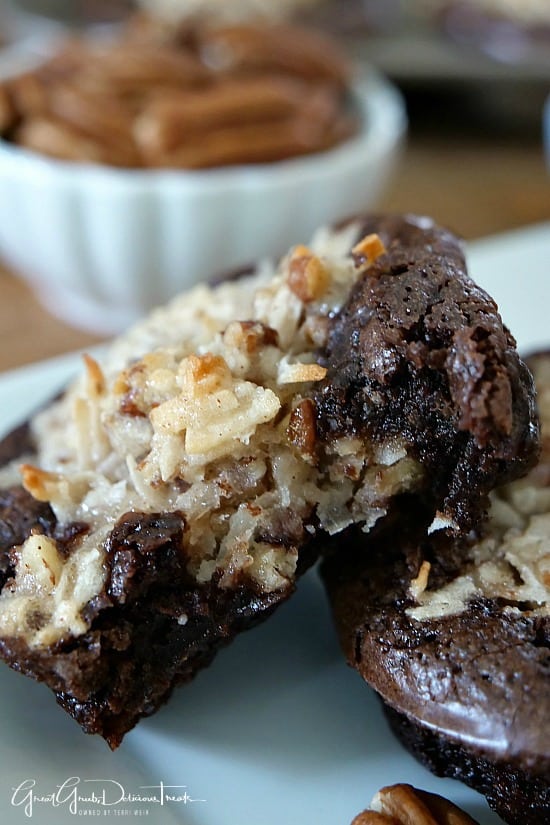 Coconut Pecan Brownies are moist and chewy, thick and fudgy, topped with a coconut pecan topping. 