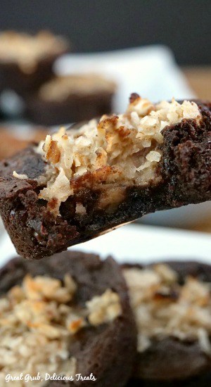 Thick and chewy, chocolaty brownies with a coconut pecan topping.