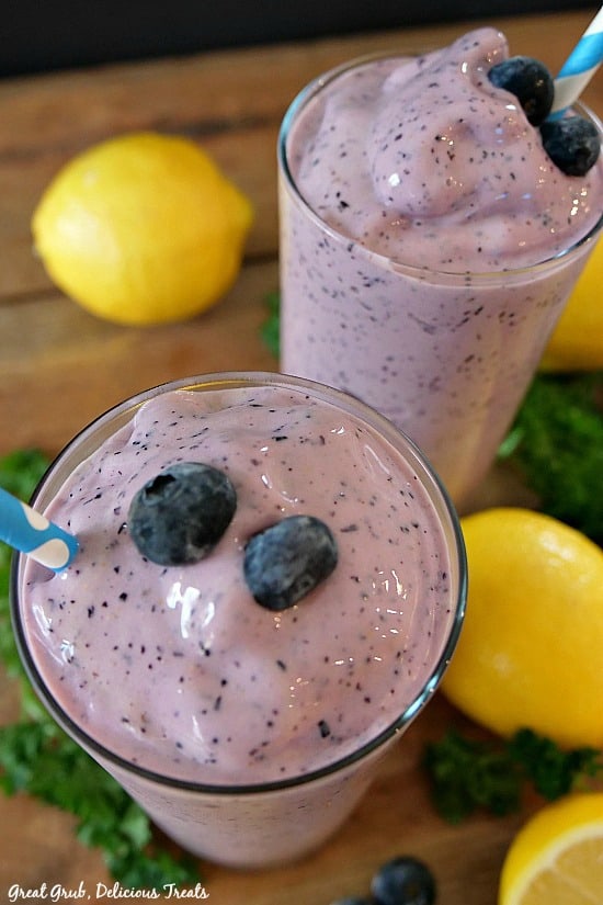 Blueberry Frosted Lemonade is creamy, loaded with blueberries, vanilla ice cream and lemonade.