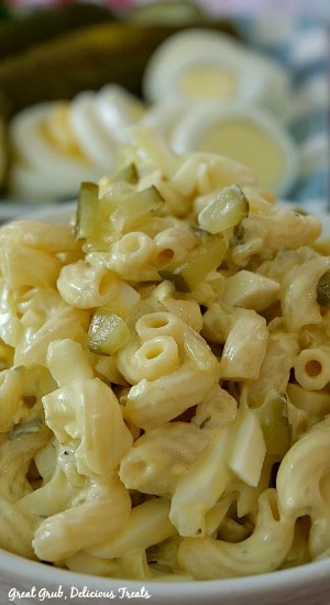 Deviled Egg Macaroni Salad is loaded with all the ingredients in deviled eggs.