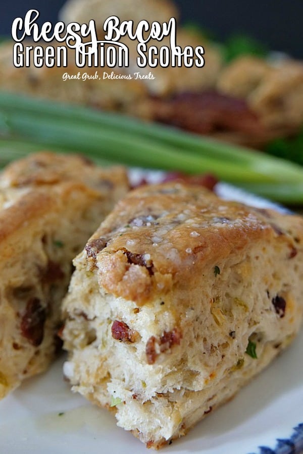 Cheesy Bacon Green Onion Scones are loaded with bacon, cheese, onions and topped with garlic butter. 
