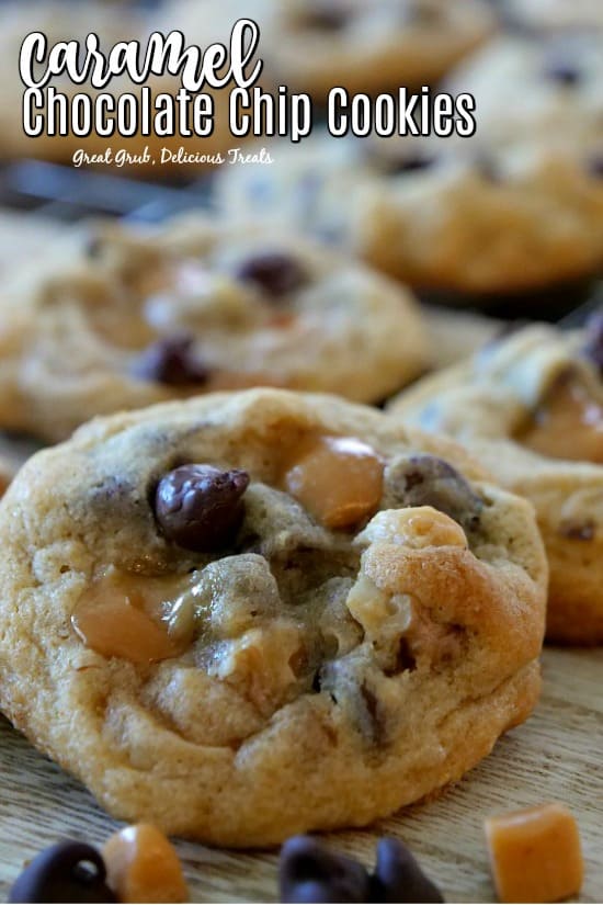 Caramel Chocolate Chip Cookies are soft and chewy, loaded with caramel bits, chocolate chips and walnuts.