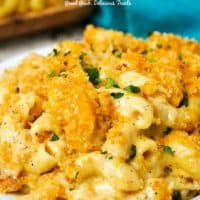 Creamy Macaroni and Cheese loaded with two types of cheese and topped with panko bread crumbs