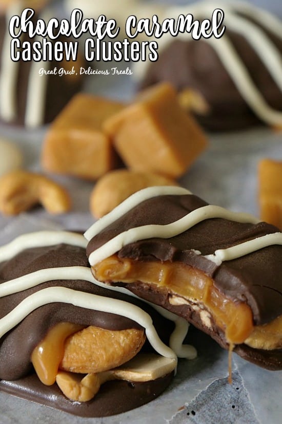 Chocolate Caramel Cashew Clusters are loaded with whole cashews, caramel and chocolate, then drizzled with white chocolate.