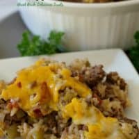 Stuffed Bell Pepper Casserole is full of ground beef, bell pepper, rice, seasonings and cheese.