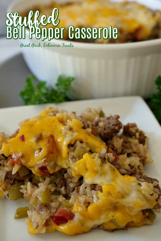 Stuffed Bell Pepper Casserole is full of ground beef, bell pepper, rice, seasonings and cheese.