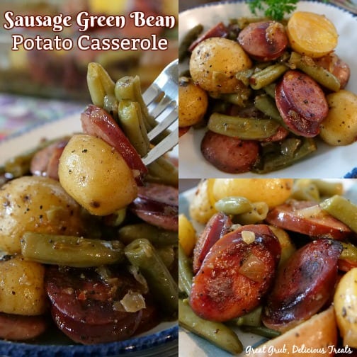A three collage photo of sausage, green beans and potatoes on a white plate.