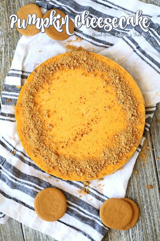 Pumpkin Cheesecake has a rich and creamy pumpkin cream cheese filling and a gingersnap and shortbread crust.