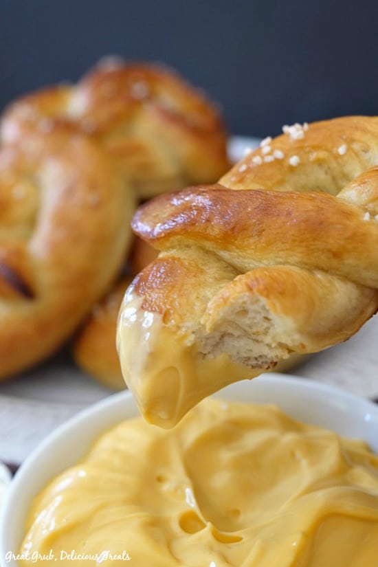 Homemade Soft Pretzels are soft and chewy, dipped in nacho cheese sauce.