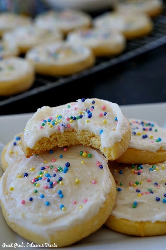 These Frosted Lemon Sugar Cookies are so delicious, topped with a lemon cream cheese frosting and sprinkles.