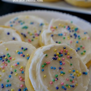 Frosted Lemon Sugar Cookies are soft and chewy, topped with lemon frosting and sprinkles.