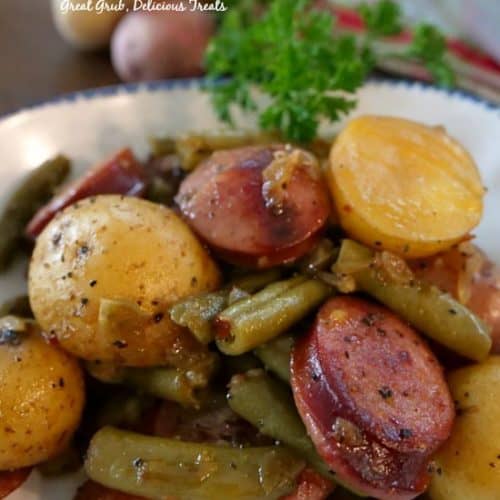 Sausage Green Bean Potato Casserole is a hearty side dish with baby creamers, green beans and sausage kielbasa.