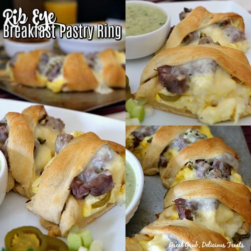 Rib Eye Breakfast Pastry Ring is loaded with leftover rib eye, scrambled eggs, cheese, jalapenos, onions in a crescent pastry ring.
