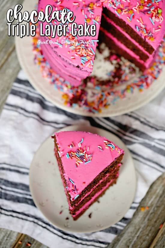 Chocolate Triple Layer Cake is 3 deliciously moist layers of cake, topped with pink buttercream frosting and candied sprinkles.