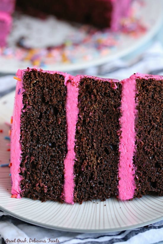 Chocolate Triple Layer Cake is delicious with three layers of chocolate cake frosted with buttercream frosting.