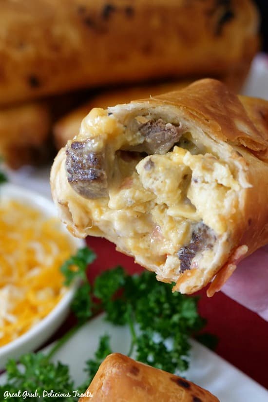 Fried Rib Eye Breakfast Burritos are deliciously fried, filled with eggs, rib eye, cheese and more. 