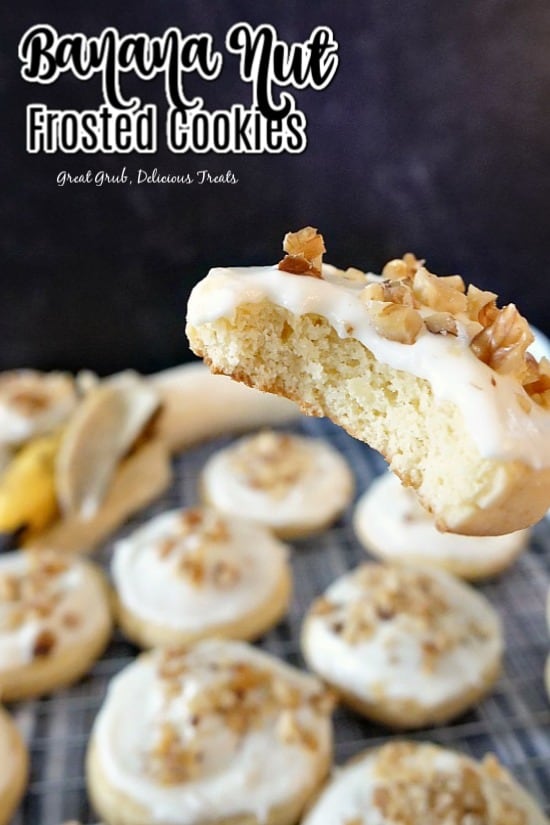 Banana Nut Frosted Cookies are soft and chewy, with banana cream cheese frosting and chopped walnuts.