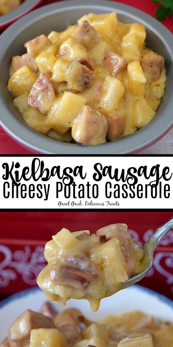 A double collage photo of cheesy potatoes, diced kielbasa in a silver bowl.