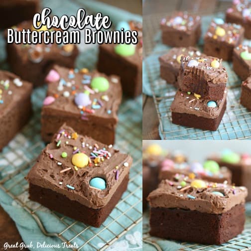 Chocolate Buttercream Brownies - A collage photo with 3 different shots of brownies, with candied sprinkles and M&Ms on top of the chocolate buttercream frosting.