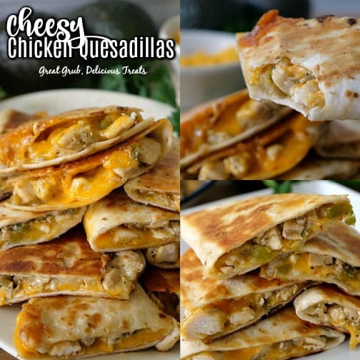 Cheesy Chicken Quesadillas are loaded with chicken, cheese, onions, diced green chilies and fried to a golden brown.